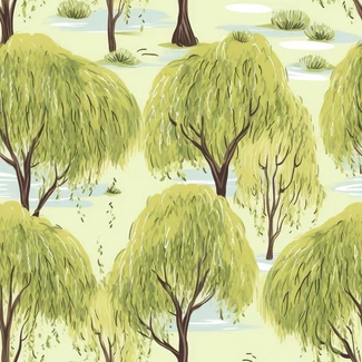 A seamless pattern featuring green willow trees in the style of Australian landscapes and tranquil gardenscapes.