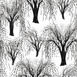 A seamless pattern featuring black and white willow trees on a white background in a gothic style.