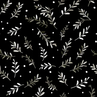 Winter Leaves Aquarelle Pattern with a black background, white leaves and berries, and confetti-like dots.