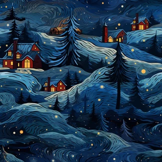 A seamless winter village pattern with snow-covered houses and a Christmas tree under the night sky.
