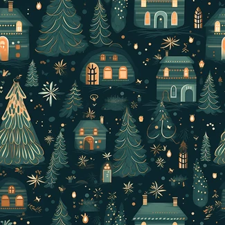 A charming Christmas pattern featuring decorative houses and trees in a serene winter landscape with enchanting lighting and glowing colors.