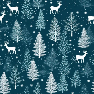 A seamless winter wonderland deer pattern featuring deer and trees on a blue background with dark teal and navy colors.