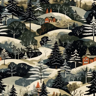 A wintery landscape with a cabin and trees in a repeating pattern.
