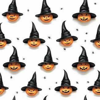 Witchy Pumpkins seamless pattern featuring detailed illustrations of pumpkins with witch hats on a white background.