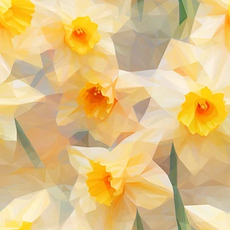 A high contrast, low poly, yellow daffodil pattern on a grey background with layered translucent flowers.