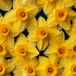 A close-up shot of yellow daffodils with water drops on their petals.