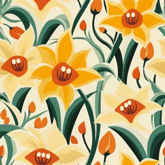 A seamless pattern of yellow flowers and vines on a light orange background
