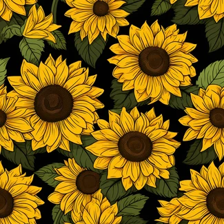 A seamless pattern featuring yellow sunflowers with green leaves on a black background.